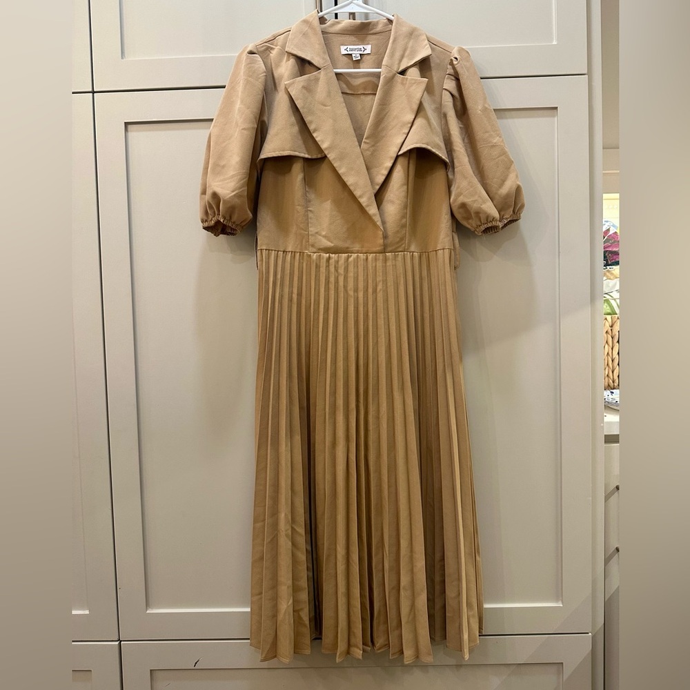 Nanette Lepore Tan Pleated Maxi Dress with Puff Sleeves